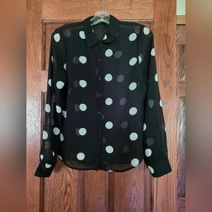 Black Sheer Button-Up Blouse with White Polka Dots